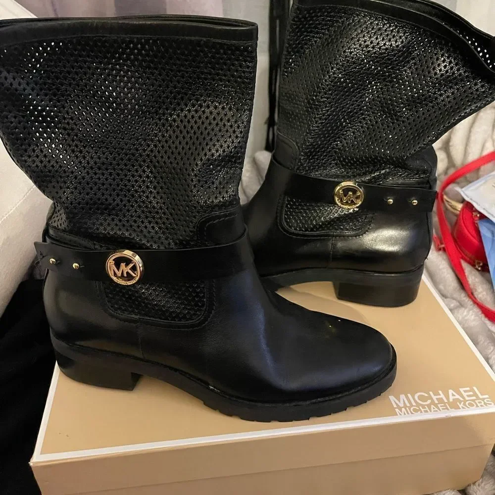 Womens MICHAEL Michael Kors Daria Flat Mid-Calf biker Boot black leather nib nwt